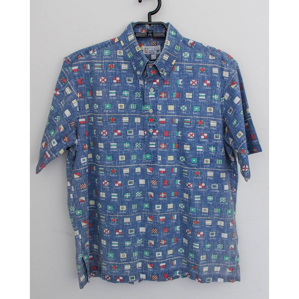 Reyn Spooner Hawaiian Shirt Large Blue Nautical Signal Flag Pullover Vintage